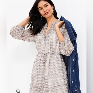 Loft Nwt Plaid Smocked Ruffle Neck Swing Dress Size Medium